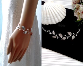 Pearl & leaves wedding bracelet, Leaf bridal bracelet, Vine wedding bracelet, Floral bridal jewelry, Floral bracelet BRA0005