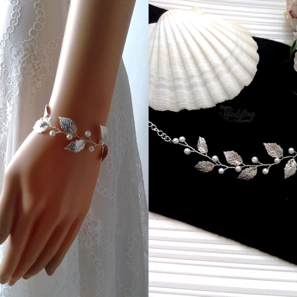 Pearl & leaves wedding bracelet, Leaf bridal bracelet, Vine wedding bracelet, Floral bridal jewelry, Floral bracelet BRA0005