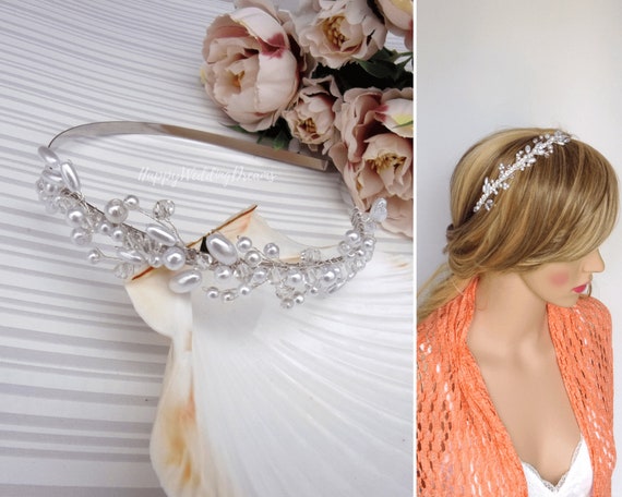 Wedding Headband With Pearls And Crystals Hard Bridal Etsy