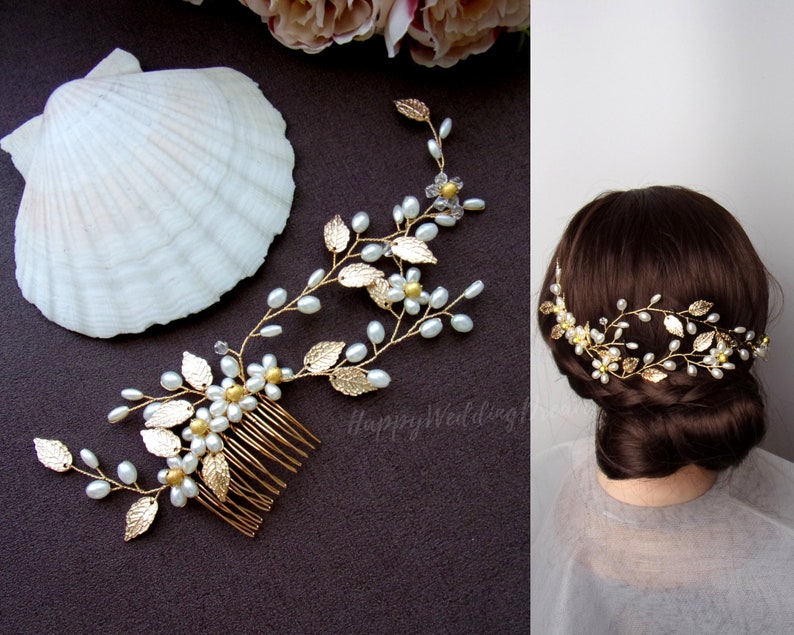 Gold wedding hair comb Bridal hair vine comb Pearl flower hair vine Bridal hair piece PG0021