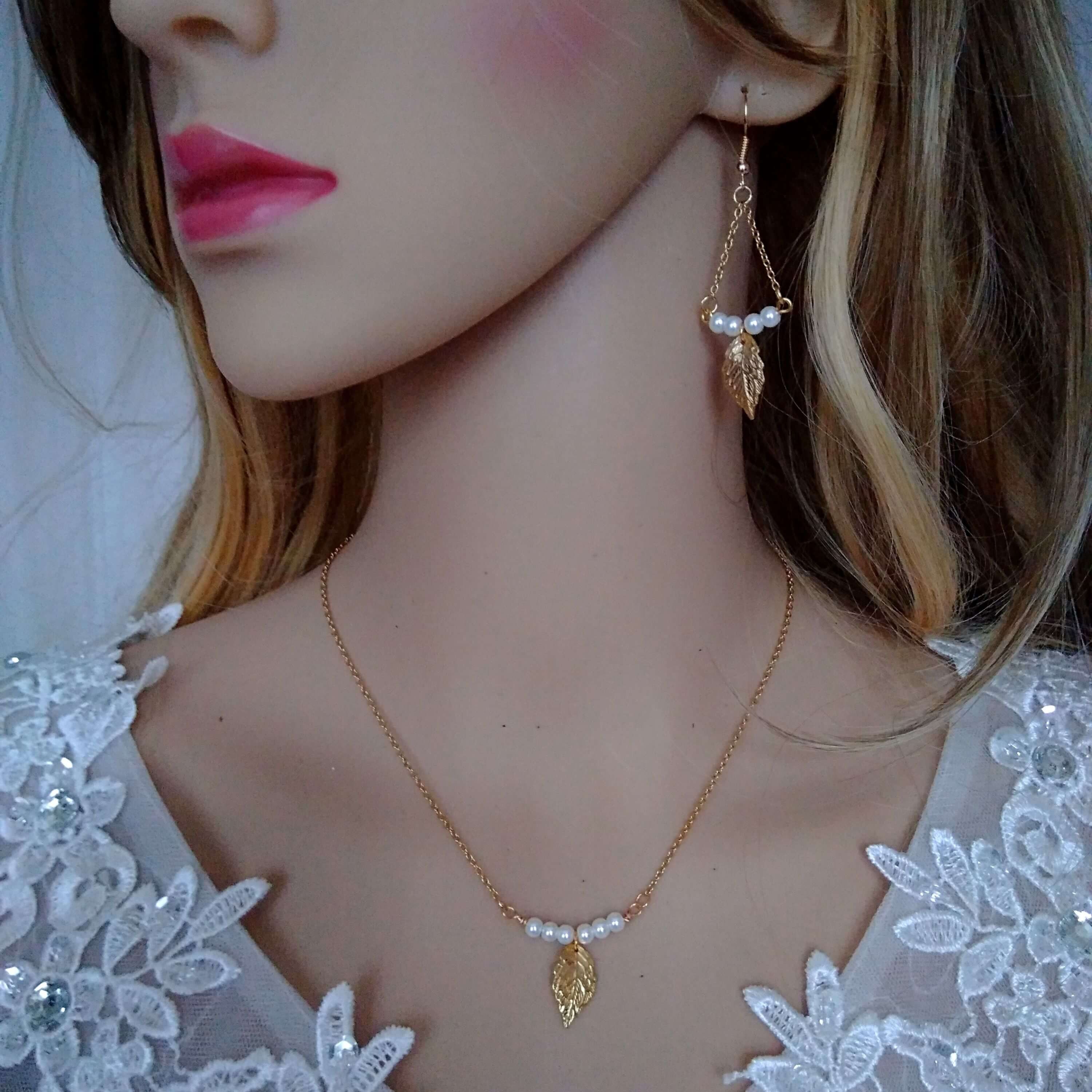 Boho Bridal Earrings Pearl Wedding Earrings With Leaves Etsy