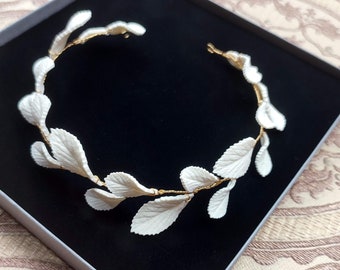 Leaf antique wedding headband, Bridal crown with cold porcelain leaves in grecian style, Wedding headpiece HDB0004