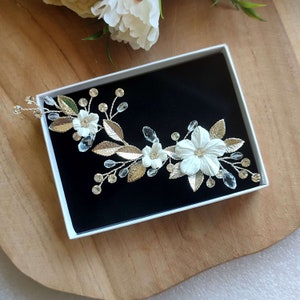Floral bridal hair piece, Wedding hair comb with white porcelain flowers and crystals, Bridal hair clip with rhinestones and leaves HC0001
