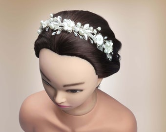 Floral wedding headband, Rustic bridal headband, Leaves and pearls diadem HDB0012-ST