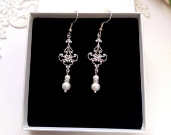 Dangling silver earrings with pearls and rhinestones, Boho wedding earrings, Pearl bridal earrings BO0012