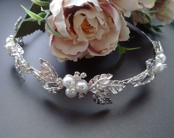 Rustic leaf bridal headband, Wedding headband with silver or gold leaves and rhinestones, Floral bridal headpiece HDB0007-ST