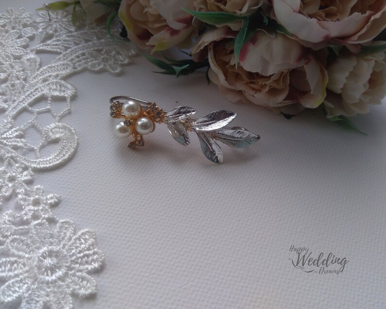 Bridal dress train clip, Floral Wedding train pin, Leaf Train brooch, Bridal gown back train brooch AT0010 image 4