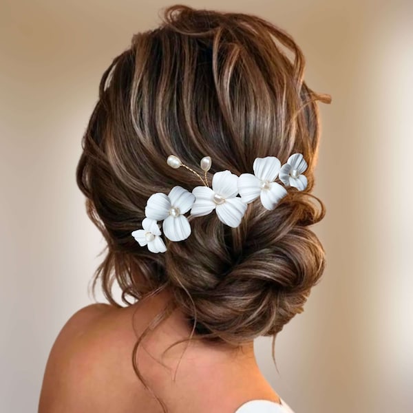 3 pcs Épingles à chignon mariage fleurs blanches et perles naturelles, Épingles cheveux florales perles d'eau douce et fleurs mariée EP0029