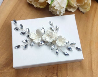 Floral bridal hair piece with sparkling rhinestones, Pearl white flower wedding hair comb BJ0002