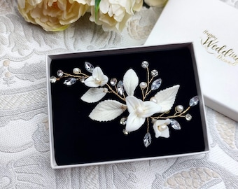 Floral wedding hair clip, Rhinestone bridal hair clip, Porcelain flowers bridal hair piece, Wedding headpiece HC0003