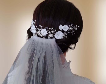 White flowers wedding hair vine, Floral back headpiece, Pearl bridal hair piece VCH0008