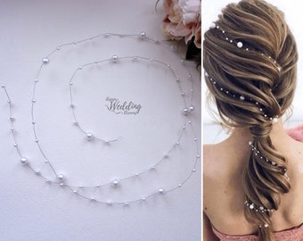 Minimalist bridal hair vine Pearl bridal jewelry for long hair Simple pearl wedding headband V0004