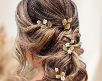 4 pcs Floral wedding hair pins, Bridal hair pins with cold porcelain leaves and flowers, Bridal hair piece EP0011
