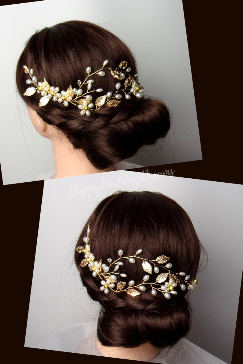 Gold wedding hair comb Bridal hair vine comb Pearl flower hair vine Bridal hair piece PG0021
