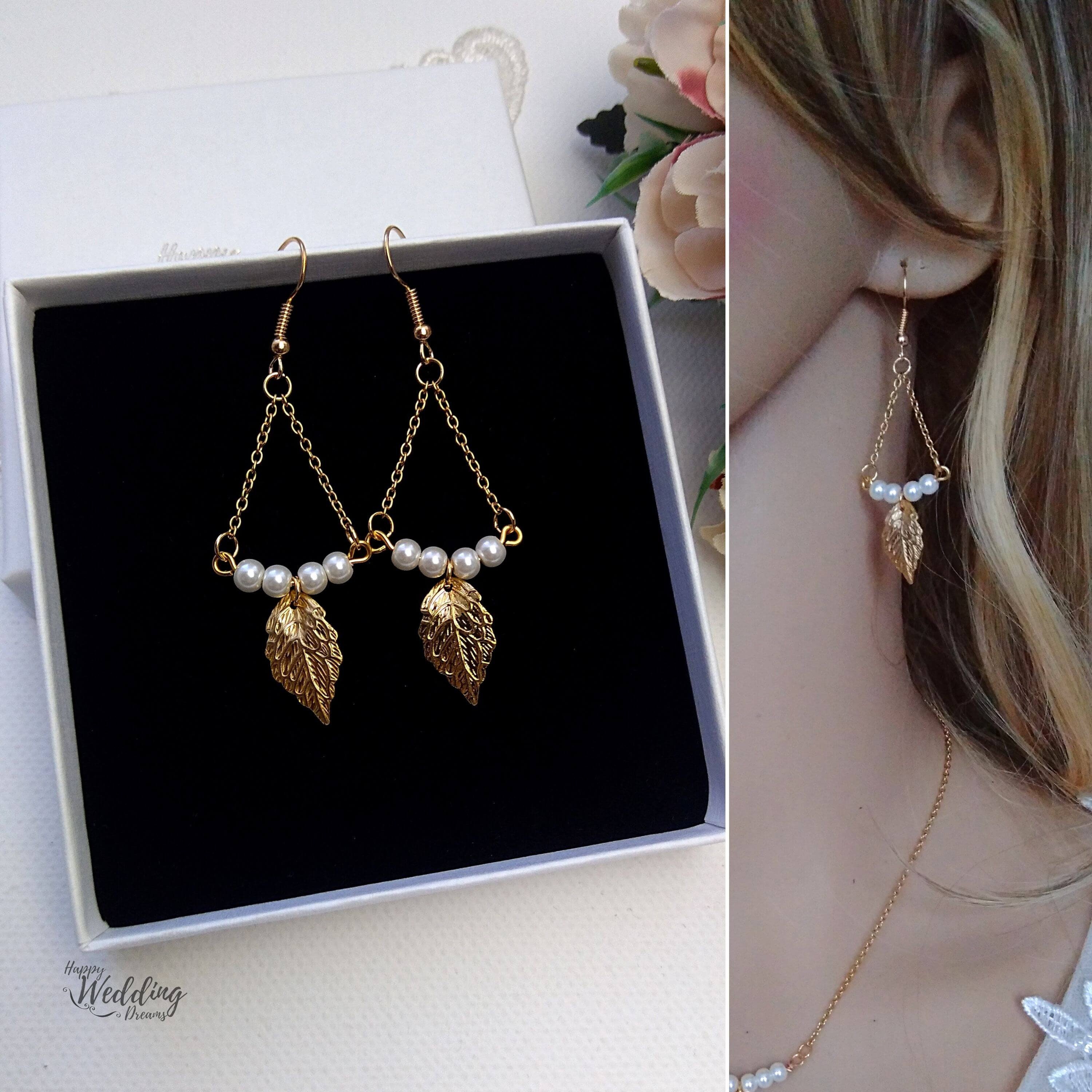 Boho bridal earrings Pearl Wedding earrings with leaves Etsy