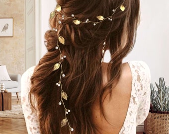 Greek style wedding hair vine with leaves, Bridal bohemian hair vine "Olympia" V0046