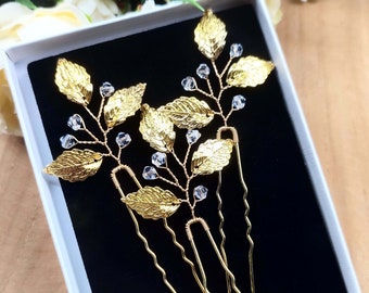 3pcs Gold Silver or Rose gold bridal hair pins, Wedding hair pins, Leaves hair pins for Bohemian or rustic wedding EP0004