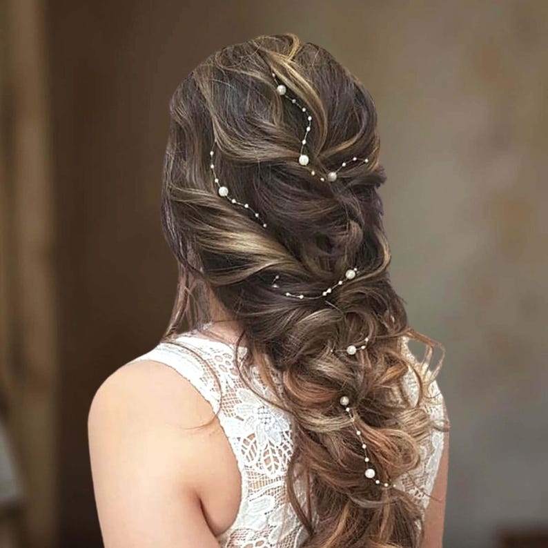 Minimalist wedding hair vine, Pearl bridal headband for long hair, Simple pearl wedding hair piece V0004 image 1