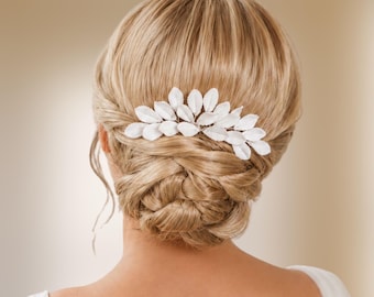 Cold porcelain white leaf hair comb for wedding updos, floral hair jewelry for romantic bridal hairstyles PG0013