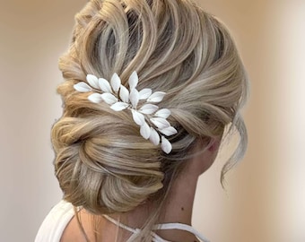 White leaf hair comb for wedding hairstyle, Romantic floral bridal hair piece with cold porcelain leaves PG0013