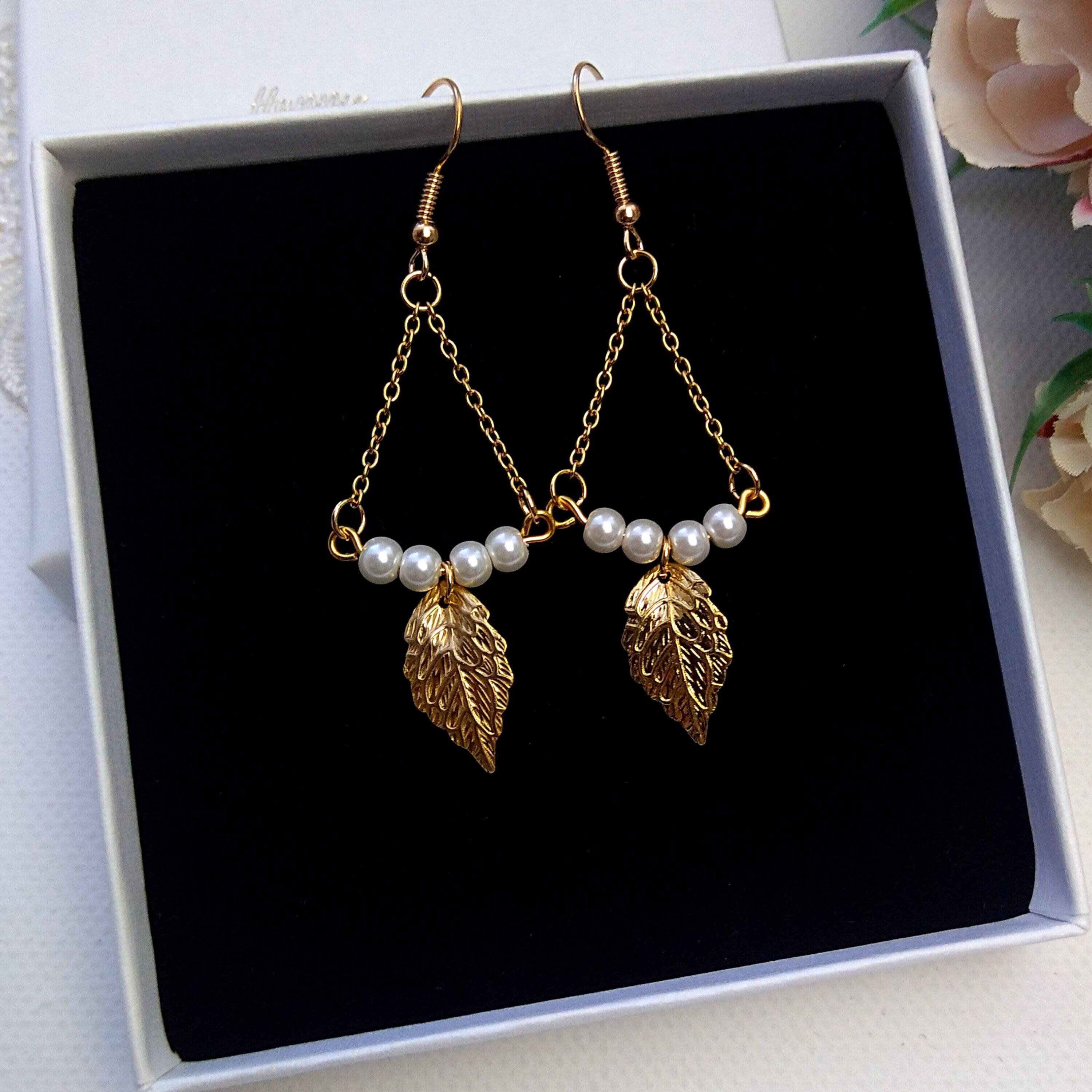 Boho Bridal Earrings Pearl Wedding Earrings With Leaves Etsy