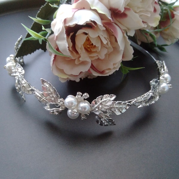 Serre-tête de mariée en style rustique, Bandeau de mariage en feuilles argentées ou dorées et strass, Headband feuilles et perles HDB0007-ST