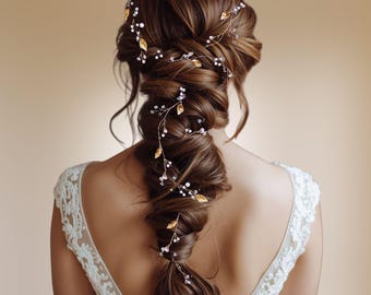 Leaves bridal hair vine, Pearl and crystal wedding hair vine, Boho wedding headband, Rustic leaf hair piece V0015