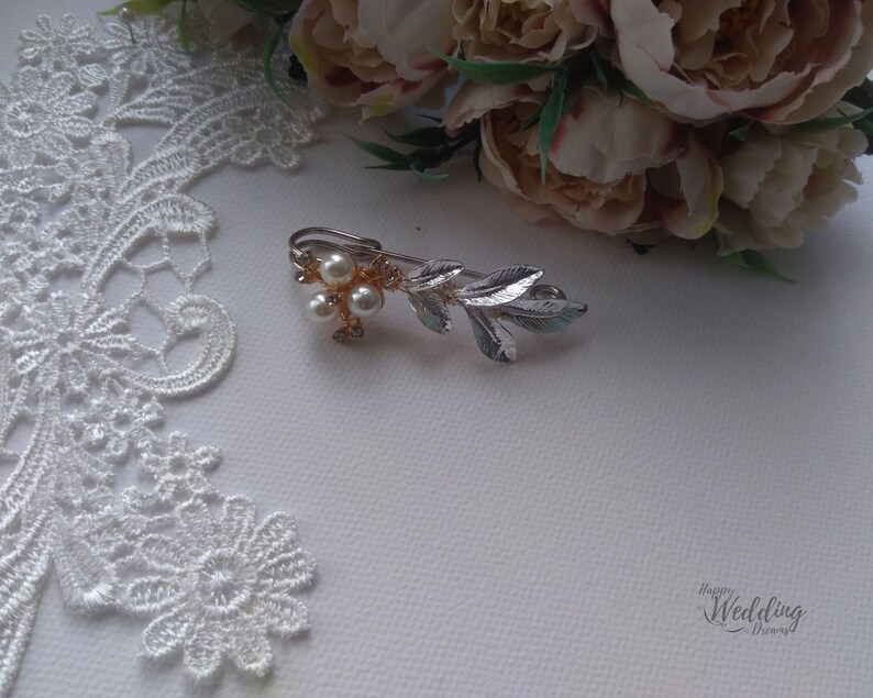 Bridal dress train clip, Floral Wedding train pin, Leaf Train brooch, Bridal gown back train brooch AT0010 image 5