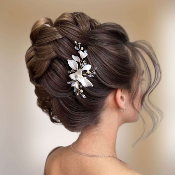 Pasador de pelo de boda en pedrería y perlas, Pasador de pelo floral, Joyería para el cabello de novia, Peine de pelo de boda HC0003