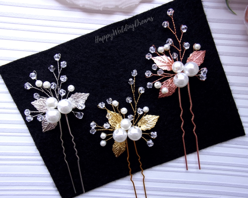 Bridal hair pins Rose gold wedding hair pin Bridal hair jewelry with pearls cristals and leaves Daphn\u00e9