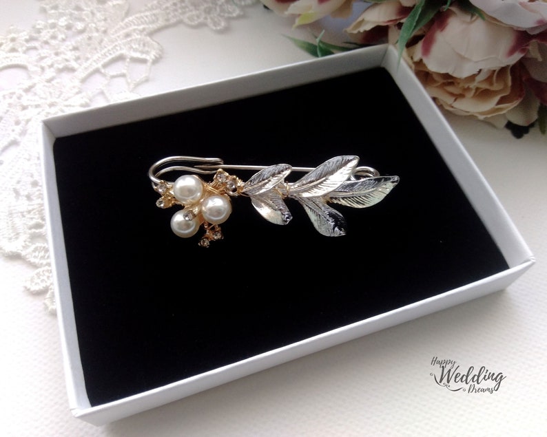 Bridal dress train clip, Floral Wedding train pin, Leaf Train brooch, Bridal gown back train brooch AT0010 image 3