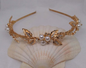 Bandeau de mariage en feuilles dorées ou argentées et strass, Serre-tête de mariée en style rustique, Headband feuilles et perles HDB0007-ST