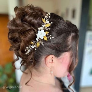 White flowers country wedding headpiece, Long floral back hair comb for bridal hairstyle, Bohemian wedding hair piece PG0024