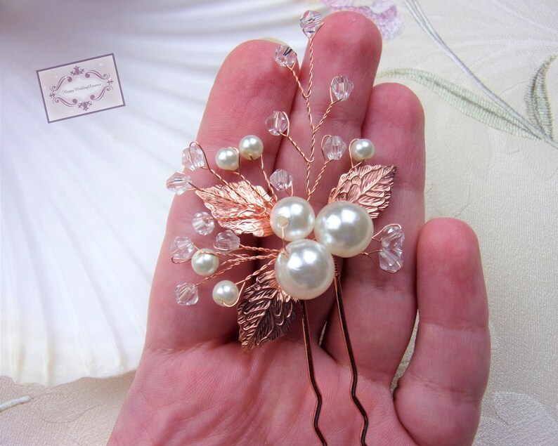 Bridal hair pins Rose gold wedding hair pin Bridal hair jewelry with pearls cristals and leaves Daphn\u00e9