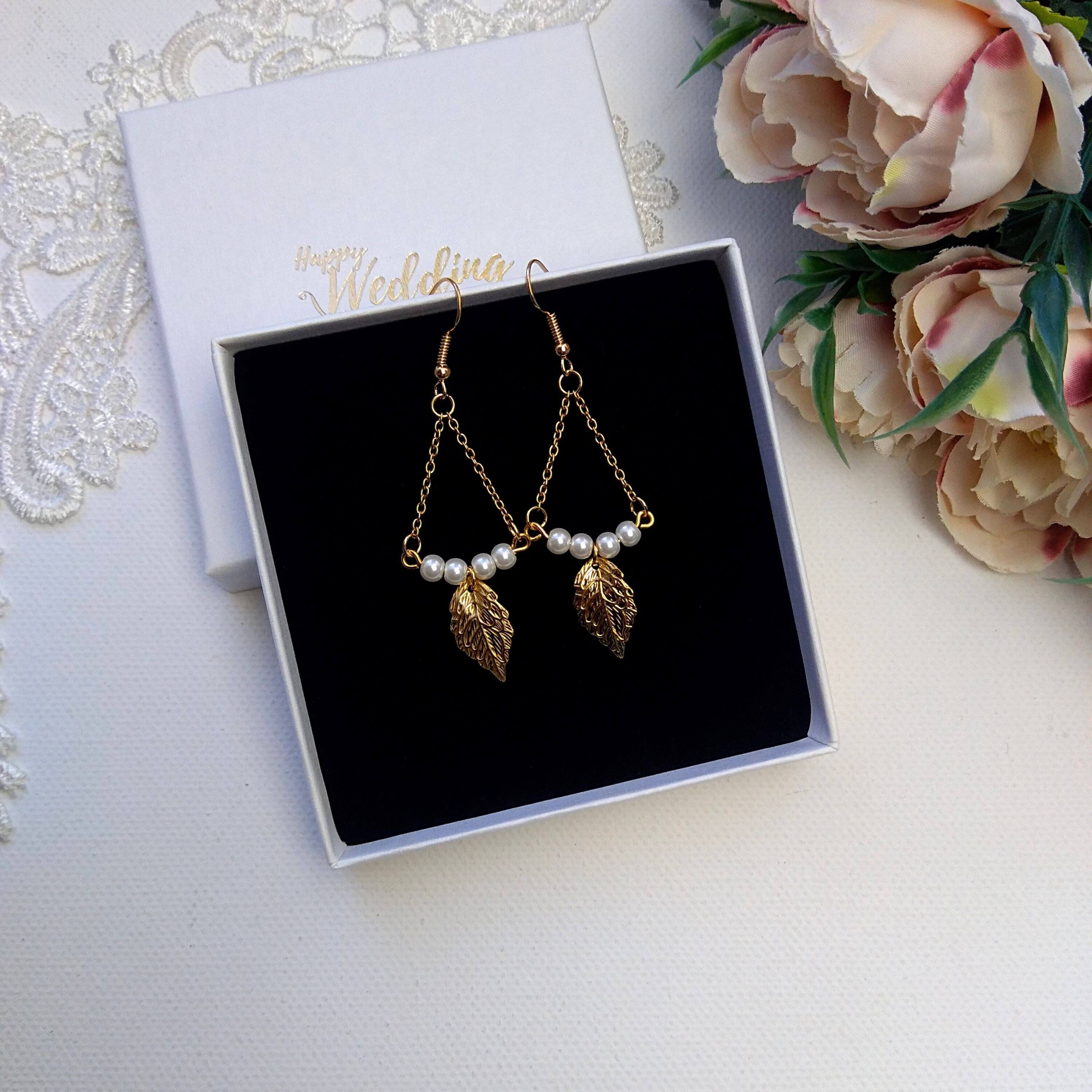 Boho Bridal Earrings Pearl Wedding Earrings With Leaves Etsy