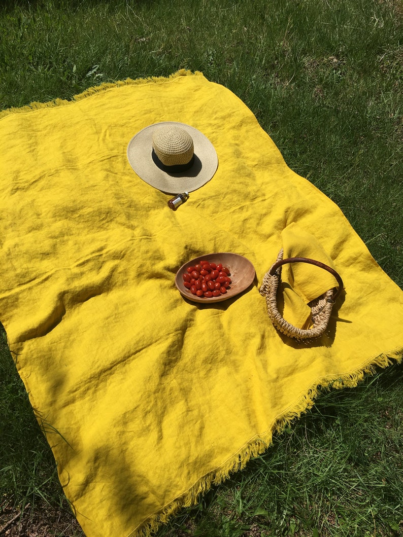 Linen Beach Towel Beach Blanket Picnic Linen Sheet Washed Linen Throw Striped Linen Blanket Linen Summer Light Blanket Mustard Yellow