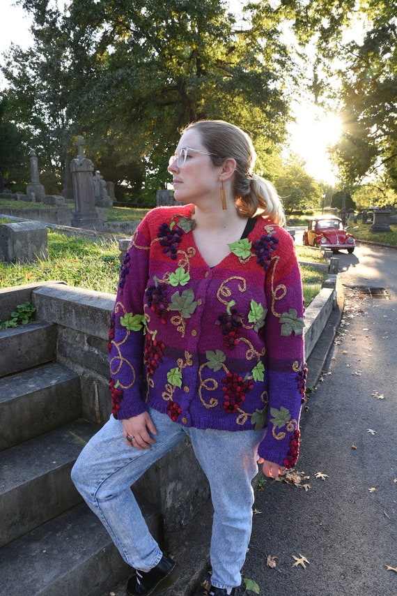 90s Cardigan Sweater Funky Grapes 3D embellished R