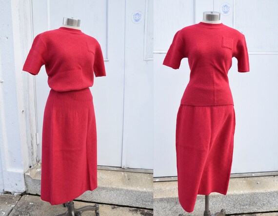 Vintage 1940s Red Knit Sweater 2 Piece Set Early 5