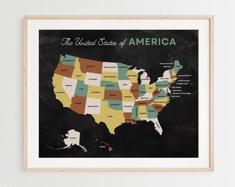 Kaart van de Verenigde Staten, Amerikaanse poster, kaart van de VS voor kinderen, klas afdrukbaar, homeschool decor, school kunst aan de muur - LBH002