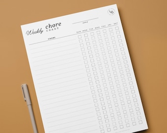 May include: A printable weekly chore chart with a blank space for the week of and a grid of boxes for each day of the week, Sunday through Saturday. The chart has a title that says "Weekly Chore Chart" and a space to write in chores.