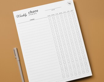 May include: A printable weekly chore chart with a blank space for writing chores and a grid of boxes for each day of the week. The chart is labeled "Weekly Chore Chart" and has a small logo in the top right corner.
