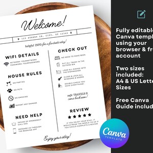 May include: A black and white printable welcome guide for guests staying at a rental property. The guide includes information about WiFi details, house rules, check out instructions, need help information, and a review section. The guide is fully editable using Canva.