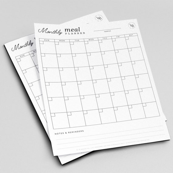 Monthly Meal Planner Printable Printable Meal Plan Menu - Etsy