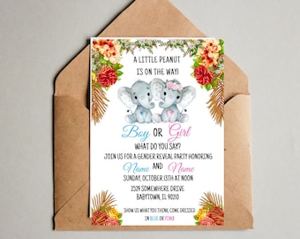 Elephant Gender Reveal Invitation, Blue or Pink Invite, Flowers Invite, Boy or Girl Elephant Baby Shower Invitation Printable Template