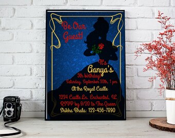 Beauty and the Beast Theme Invitation Be Our Guest Blue Red Yellow Black Silhouette Birthday Bridal Shower Wedding Customizable PDF