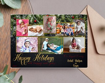 Holiday Card I Christmas Card I New Years card I Photo Card I Black Red Gold Sparkle I Trendy Unique Customizable PDF
