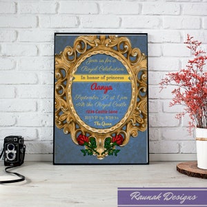 Belleza y la bestia magia espejo oro rosas antique invitación real cumpleaños novia ducha boda personalizable PDF personalizable