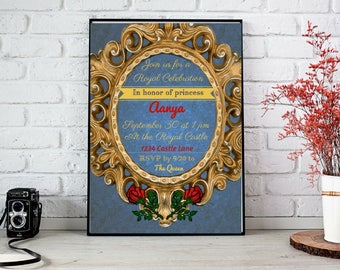 Beauty and the Beast Magic Mirror Gold Roses Antique Invitation Royal Birthday Bridal Shower Wedding Customizable PDF