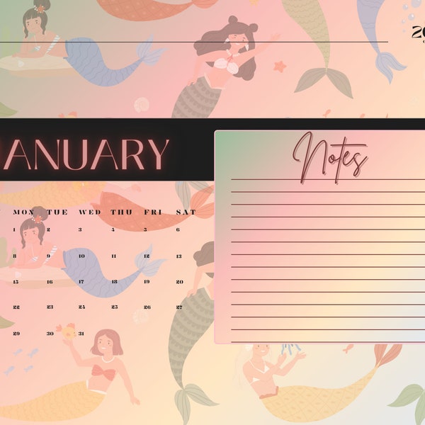 Monthly Calendar, 2024 Calendar, Mermaid Theme Calendar, Kids Calendar ...