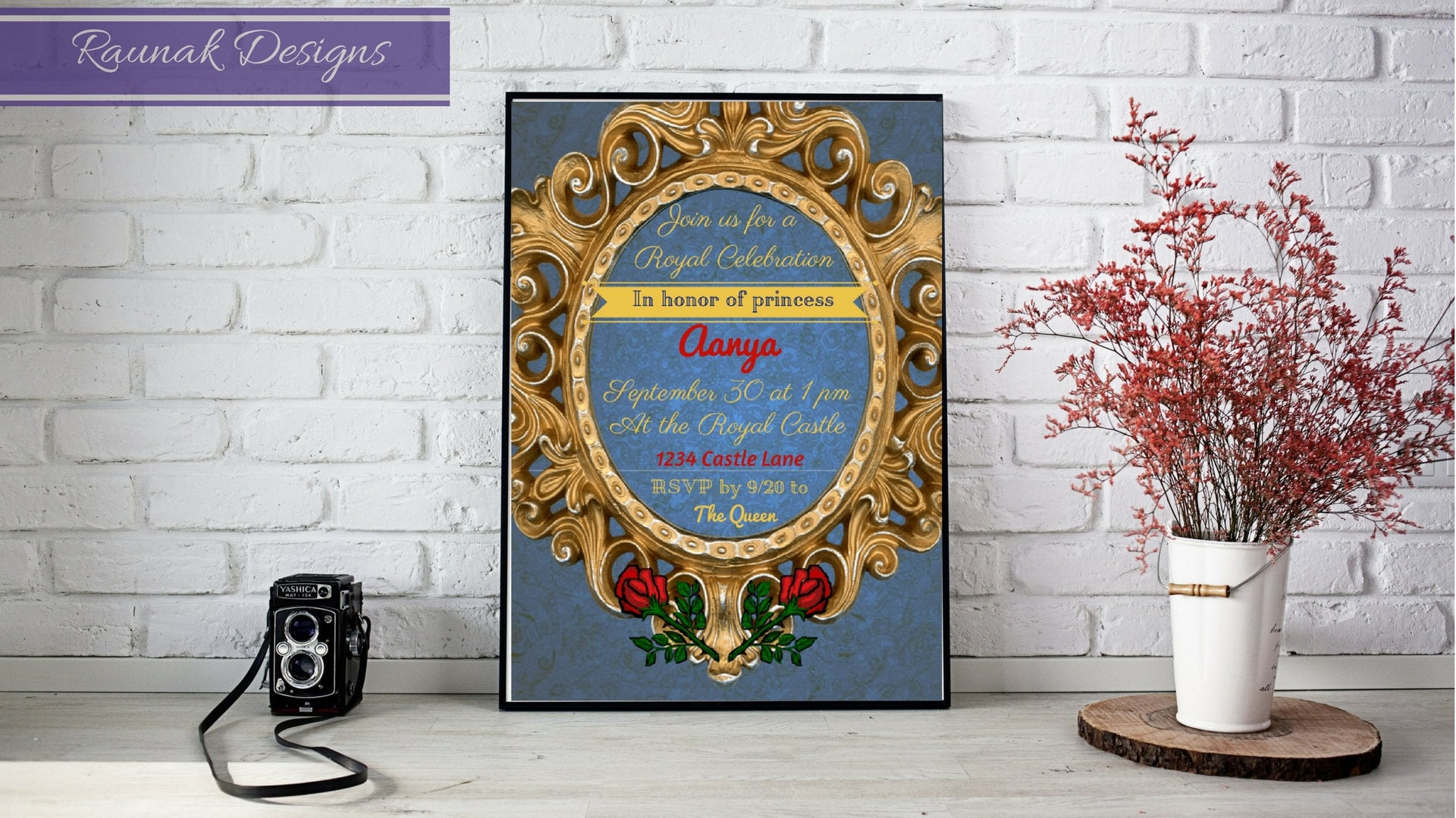 Beauty and the Beast Magic Mirror Gold Roses Antique Invitation Royal